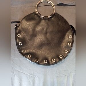 Black Faux Leather Circle Handbag with Silver Accents